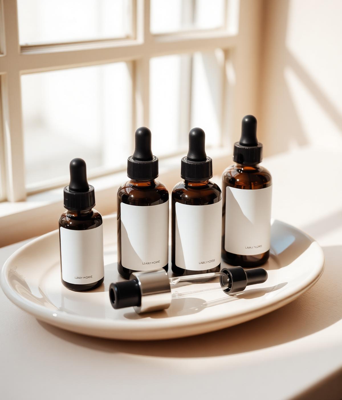 Medical-grade skincare bottles on ceramic dish