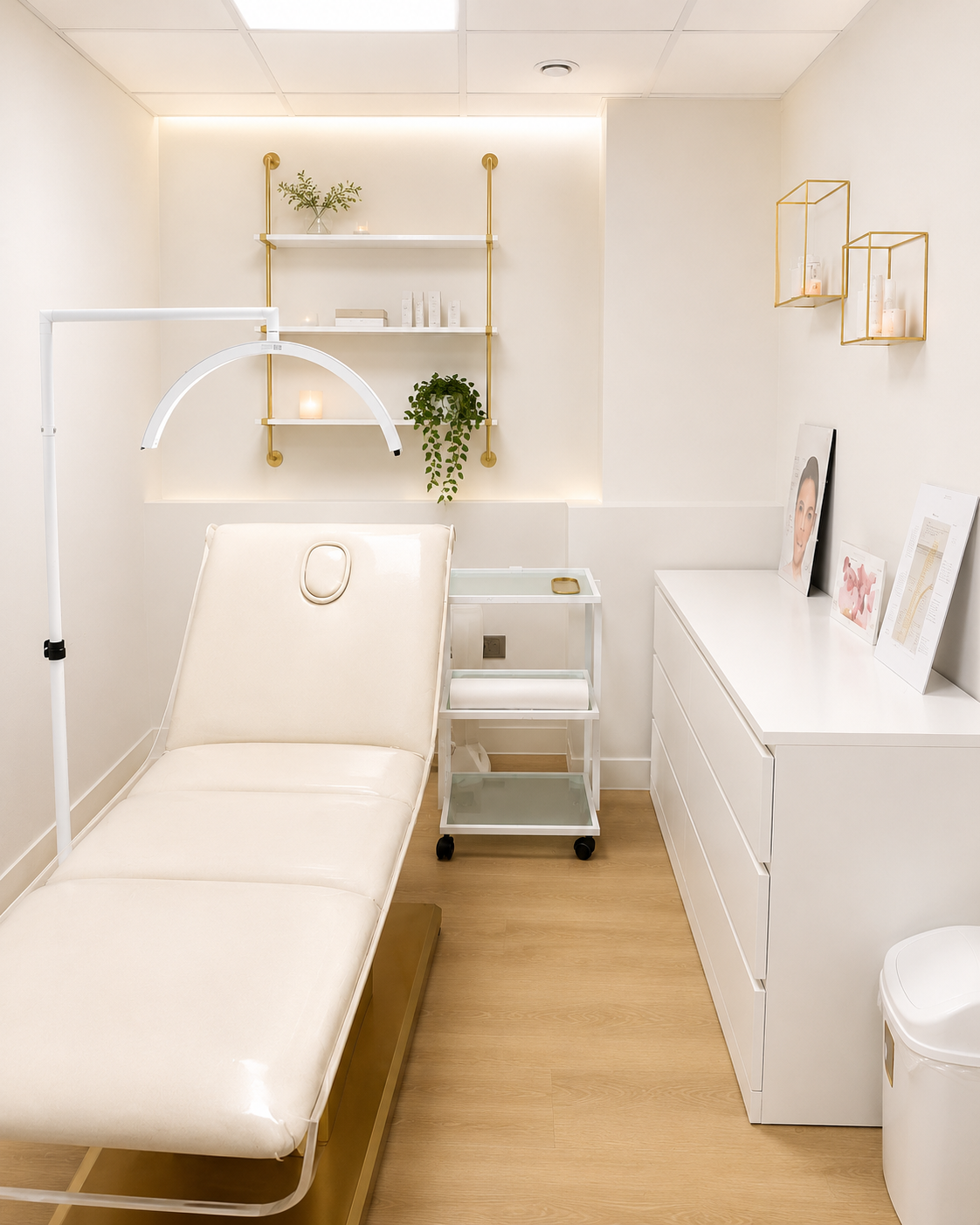 Treatment room interior with linen bed and orchid